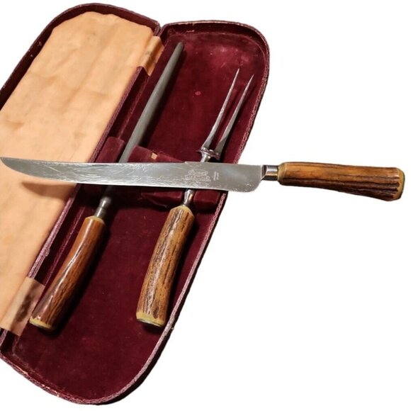 Vintage Sheffield 50's Premier Life Time Antler Handle 3pc Carving Set With Case - Picture 2 of 7